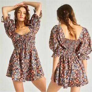 Free People Smocked Floral Print Puff Sleeve Romper‎ Jumpsuit XS